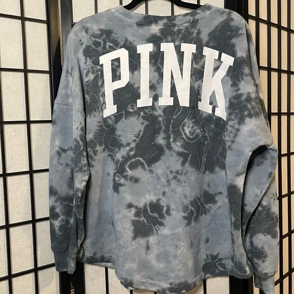PINK Victoria's Secret Blue & Gray Tie-Dye Crewneck Varsity Shirt XS - Picture 3 of 6